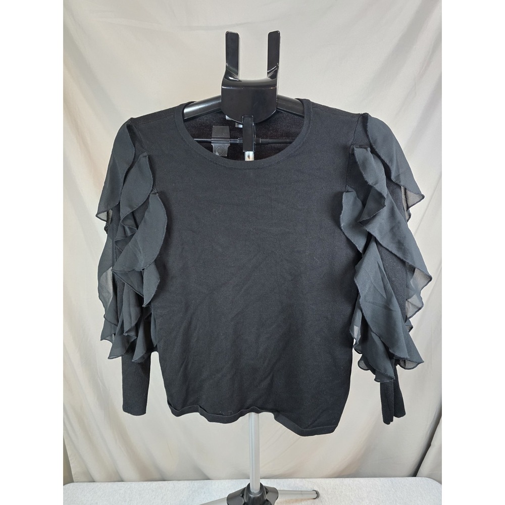 Chicos Black‎ Soft Knit Pullover Lace Applique SLV Sweater Size 0, SRayon Nylon
